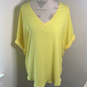Lush Sheer Oversized Neon Yellow V Neck Blouse